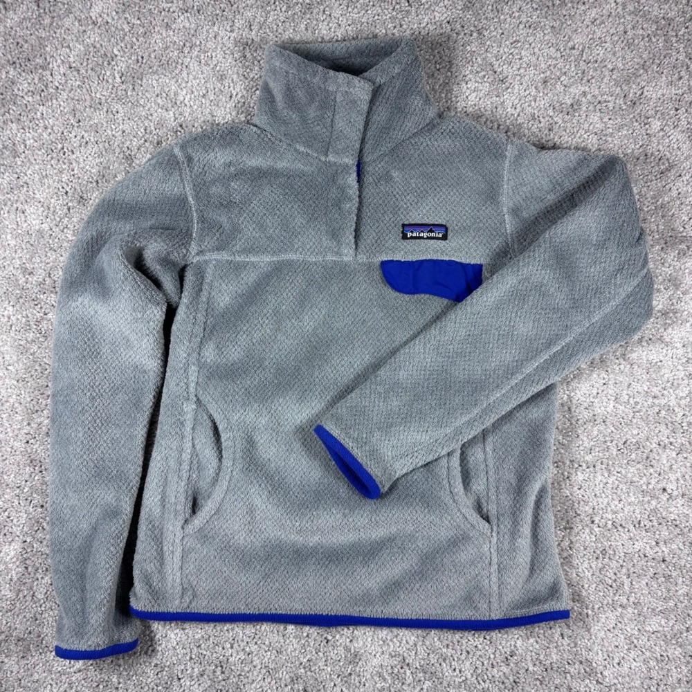 Patagonia Womens Small Gray Snap T Pullover Fleece Jacket Blue Trim Polartec